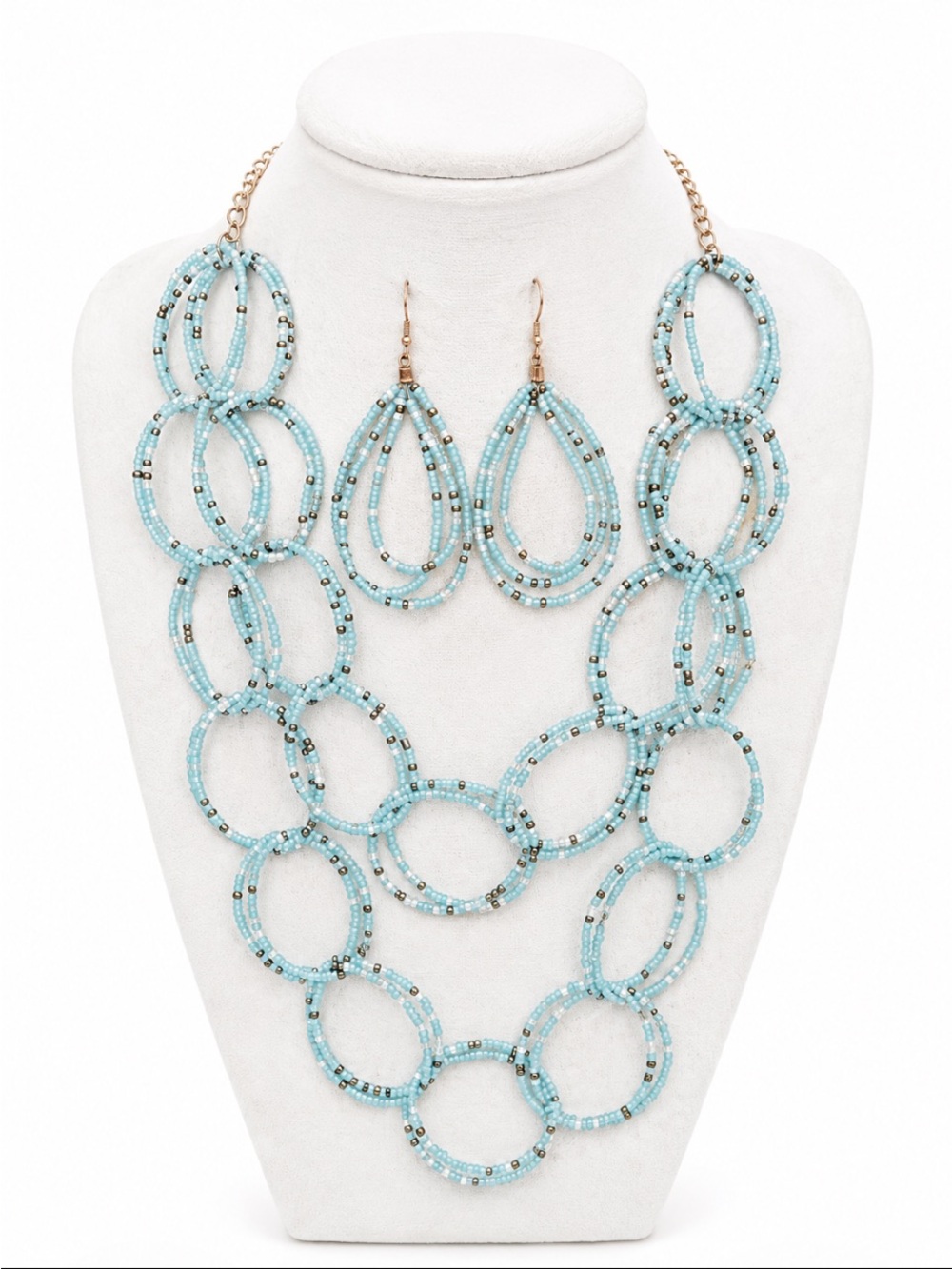 Aqua Blue Beaded Statement Necklace & Matching Teardrop Earrings Set 💥🆕💥